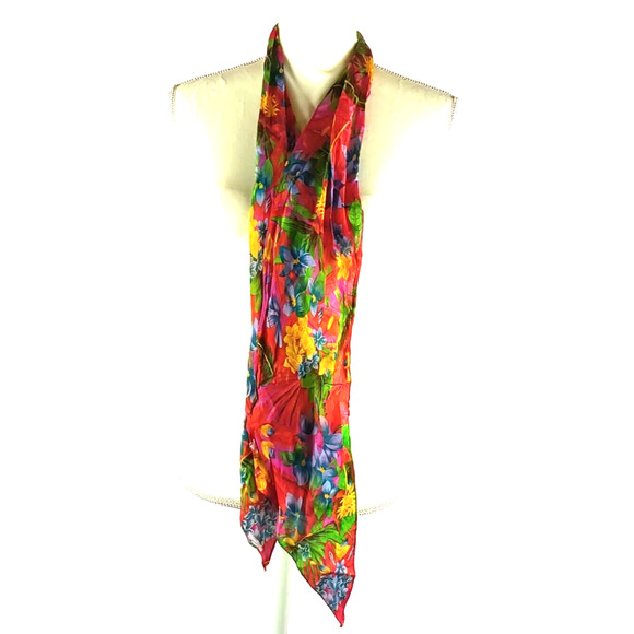 Scarf Rectangle Narrow Thin 66" X 6" Red Yellow Blue Hawaiian Floral - Picture 3 of 8
